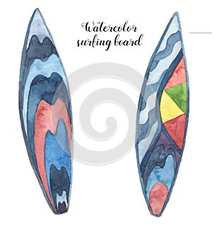 Watercolor surfing boards set. Hand painted design desk for water sport isolated on white background. Vacation