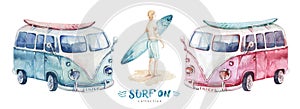 Watercolor Surfing vacation. Summer ocean beach wirh surfboard car. california surf design