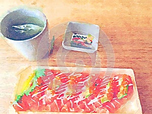 Watercolor sushi fish salmon set on white dish