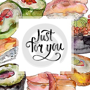 Watercolor sushi set of beautiful tasty japanese food illustration. Frame border ornament square.