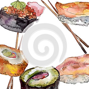 Watercolor sushi set of beautiful tasty japanese food illustration. Frame border ornament square.