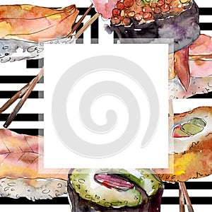 Watercolor sushi set of beautiful tasty japanese food illustration. Frame border ornament square.