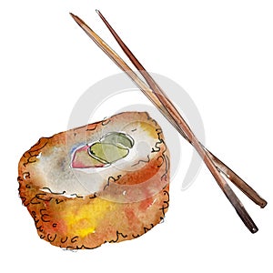 Watercolor sushi set of beautiful tasty japanese food illustration. Hand drawn objects isolated on white background.