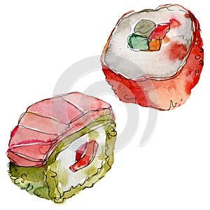 Watercolor sushi set of beautiful tasty japanese food illustration. Hand drawn objects isolated on white background.