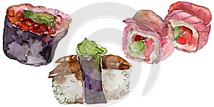 Watercolor sushi set of beautiful tasty japanese food illustration. Hand drawn objects isolated on white background.