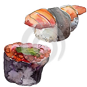 Watercolor sushi set of beautiful tasty japanese food illustration. Hand drawn objects isolated on white background.