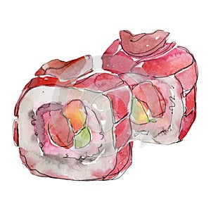 Watercolor sushi set of beautiful tasty japanese food illustration. Hand drawn objects isolated on white background.