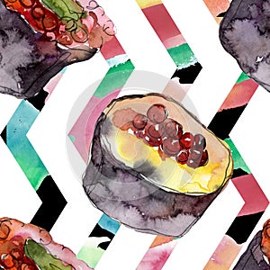 Watercolor sushi set of beautiful tasty japanese food illustration. Seamless background pattern.