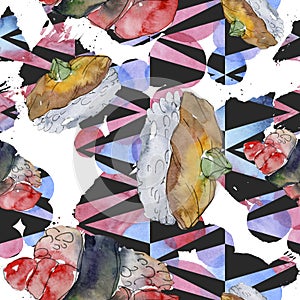 Watercolor sushi set of beautiful tasty japanese sushi illustration. Seamless background pattern.