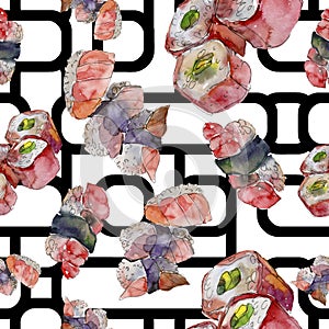 Watercolor sushi set of beautiful tasty japanese sushi illustration. Seamless background pattern.