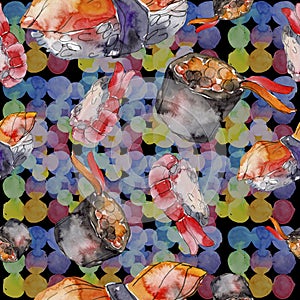 Watercolor sushi set of beautiful tasty japanese sushi illustration. Seamless background pattern.