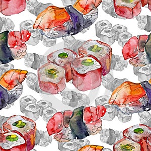 Watercolor sushi set of beautiful tasty japanese sushi illustration. Seamless background pattern.