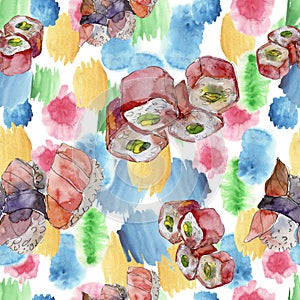 Watercolor sushi set of beautiful tasty japanese sushi illustration. Seamless background pattern.