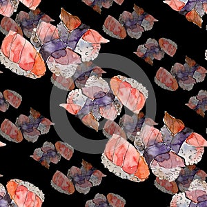 Watercolor sushi set of beautiful tasty japanese sushi illustration. Seamless background pattern.