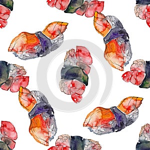 Watercolor sushi set of beautiful tasty japanese sushi illustration. Seamless background pattern.