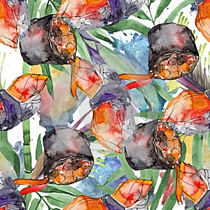 Watercolor sushi set of beautiful tasty japanese sushi illustration. Seamless background pattern.