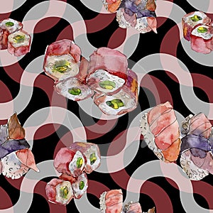 Watercolor sushi set of beautiful tasty japanese sushi illustration. Seamless background pattern.