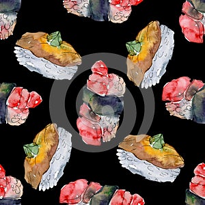 Watercolor sushi set of beautiful tasty japanese sushi illustration. Seamless background pattern.