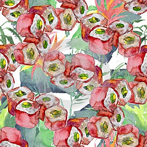 Watercolor sushi set of beautiful tasty japanese sushi illustration. Seamless background pattern.