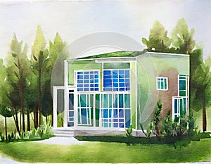 Watercolor of Sustainable Building Green Homes and Structures for a Better Future