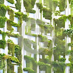 Watercolor of Sustainable building with vertical garden in modern
