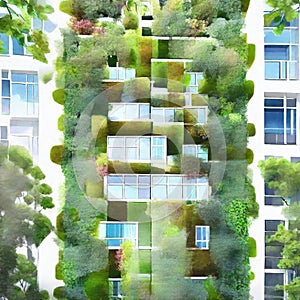 Watercolor of Sustainable building with vertical garden in modern