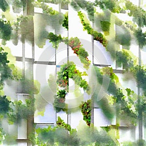 Watercolor of Sustainable building with vertical garden in modern