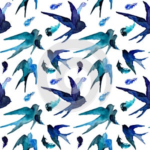 Watercolor swallows and feathers in seamless pattern