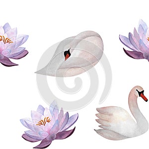 Watercolor swans purple waterlily seamless pattern Bird flower wrapping paper clothes baby decor 2024 wallpaper Print