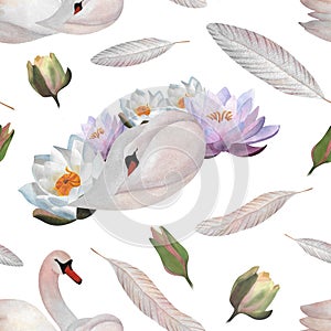 Watercolor swans waterlilies seamless pattern Birds feathers for wrapping paper clothes, baby decor 2024 wallpaper Print