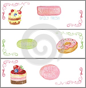 Watercolor sweet cakes tags labels .Banners set