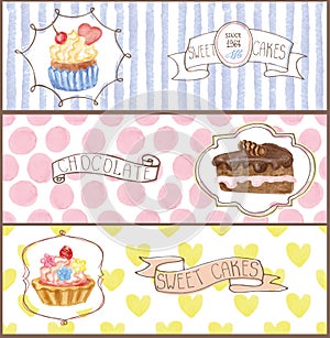 Watercolor sweet cakes tags, labels ,banners set
