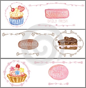 Watercolor sweet cakes tags labels .Banners set