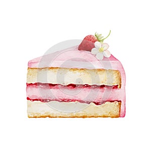 Watercolor sweet pink strawberry cake. Valentines day concept