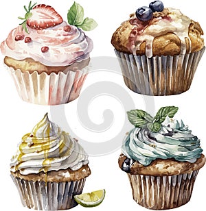 Watercolor sweet set of tasty cupcakes with cream, syrup, lime and juicy berries.