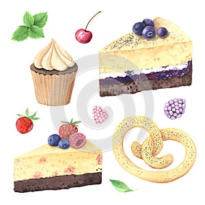 Watercolor sweet and tasty cakes with fruits