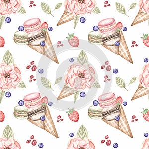 Watercolor sweets background of ice corn with macarons and peony flowers, berries and bakery with rose bouque with waffle corn,