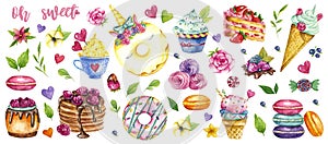 Watercolor sweets collection, painted dessert set