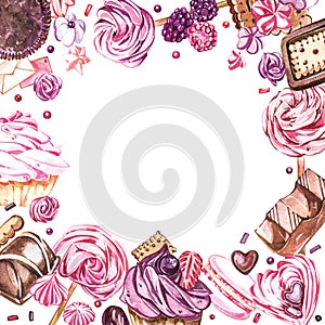 Watercolor sweets collection. Watercolor teamplate of a compositions of sweets, cakes and envelope. Valentine`s Day