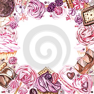 Watercolor sweets collection. Watercolor teamplate of a compositions of sweets, cakes and envelope. Valentine`s Day
