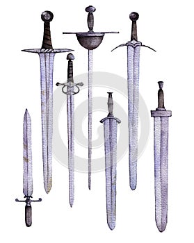 Watercolor swords at white background