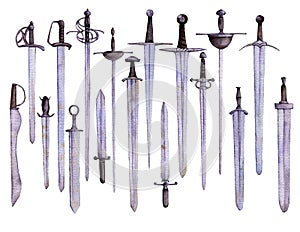 Watercolor swords at white background