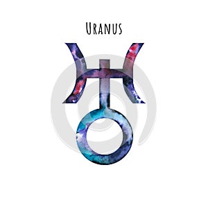 Watercolor symbol of Uranus. Hand drawn illustration is isolated on white. Astrological sign