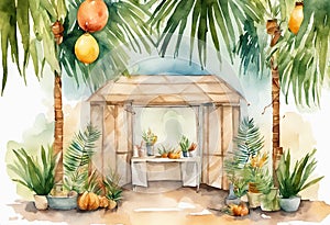 Watercolor Symbols Jewish holiday Sukkot with palm leaves and sukkah with decor.