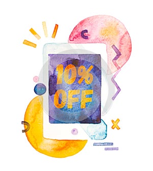 Watercolor tablet pc with 10% off lettering on screen and abstract elements