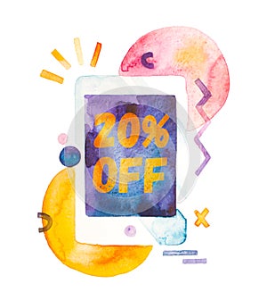 Watercolor tablet pc with 20% off lettering on screen and abstract elements