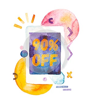 Watercolor tablet pc with 90% off lettering on screen and abstract elements