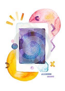 Watercolor tablet pc with blank screen and abstract elements