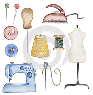 Watercolor tailor elements illustration, sewing machine, awl, needle, dummy, pin, iron, button and threads clipart set photo