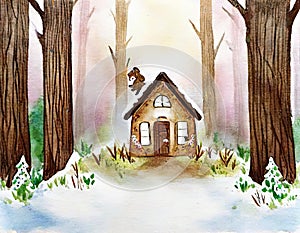 Watercolor of  of the tale Hansel and in front of a gingerbread Rear